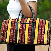 Leather-accented cotton duffel bag, 'African Heritage' - African Folk Art-Themed Leather-Accented Cotton Duffel Bag