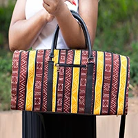 Leather-accented cotton duffel bag, 'Rich African Heritage' - Leather-Accented Cotton Duffel Bag with African Patterns