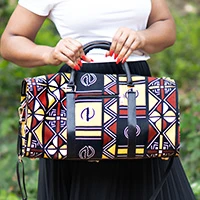 Leather-accented cotton duffel bag, 'African Symbols' - Adinkra Symbol-Themed Leather-Accented Cotton Duffel Bag
