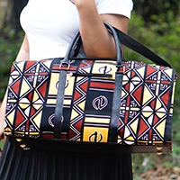 Leather-accented cotton duffel bag, 'Vivid African Symbols' - Cotton Duffel Bag with Adinkra Symbols and Leather Accents