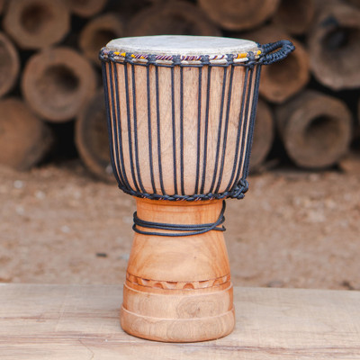 Wood djembe drum, 'Ubuntu Symphony' - Folk Art-Inspired Tweneboa Wood and Leather Djembe Drum