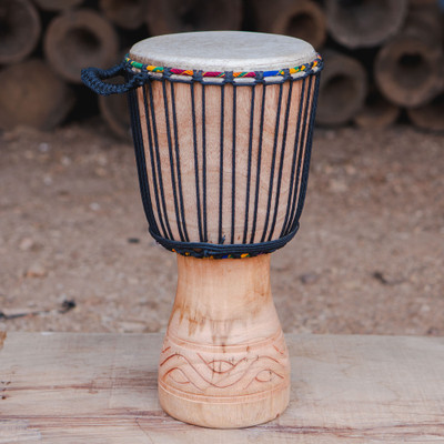 Wood djembe drum, 'Waves from Ghana' - Ghanaian-Made Carved Tweneboa Wood and Leather Djembe Drum