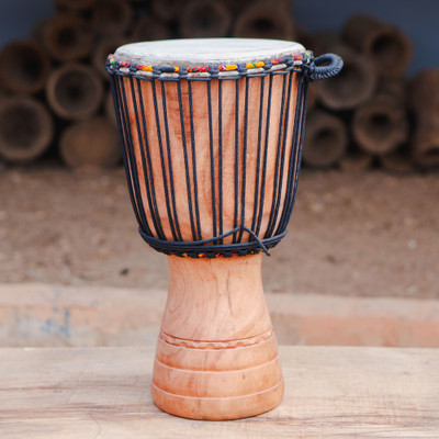 Wood djembe drum, 'Mandinka Sounds' - Traditional Handmade Tweneboa Wood and Leather Djembe Drum