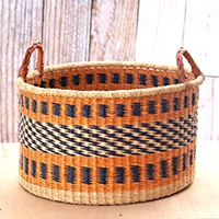 Rattan basket, 'Fruits from Midnight' (large) - Folk Art Large-Sized Orange and Midnight Blue Rattan Basket