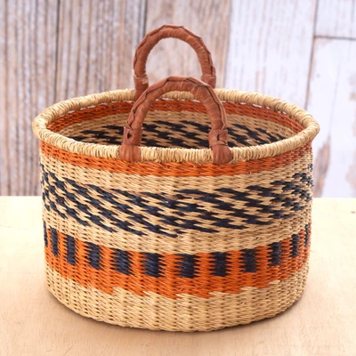 Rattan basket, 'Fruits from Sunset' - Handwoven Classic-Patterned Blue and Orange Rattan Basket