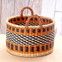 Rattan basket, 'Fruits from Midnight' (medium) - Traditional Medium-Sized Orange and Midnight Rattan Basket
