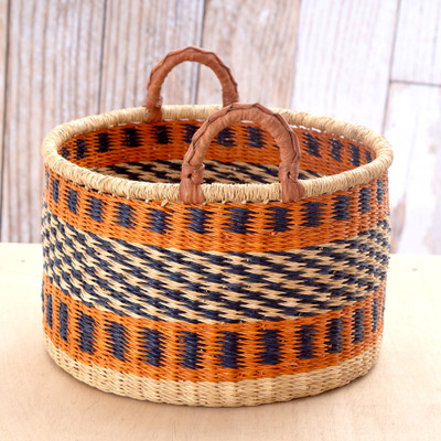 Rattan basket, 'Fruits from Midnight' (medium) - Traditional Medium-Sized Orange and Midnight Rattan Basket