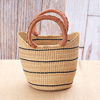 Leather-accented natural fiber handle bag, 'Everyday Beige' - Eco-Friendly Woven Natural Fiber Bag with Leather Handles