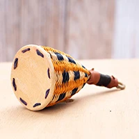 Rattan caxixi shaker, 'Golden Rhythm' - Golden Yellow and Blue Hand-Painted Rattan Caxixi Shaker