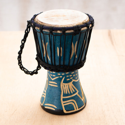 Wood djembe drum, 'Aqua Melodies' - Handcrafted Mahogany Wood Djembe Drum Painted in Blue Hues