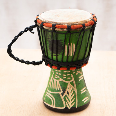 Wood djembe drum, 'Jungle Festival' - Jungle-Inspired Painted Green Mahogany Wood Djembe Drum