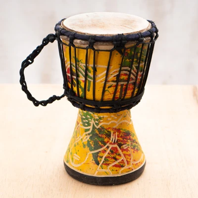 Wood djembe drum, 'Joy of Africa' - Animal-Themed Hand-Painted Yellow Mahogany Wood Djembe Drum