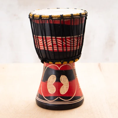 Wood djembe drum, 'Return to Rhythm' - Folk Art-Themed Crimson and Black Mahogany Wood Djembe Drum