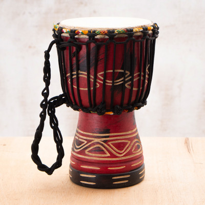 Wood djembe drum, 'Crimson Tunes' - Hand-Painted Crimson and Black Mahogany Wood Djembe Drum