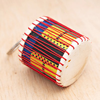 Leather-accented drum shaker keychain, 'Coastal Carnival' - Classic Leather-Accented Drum Shaker Keychain Made in Ghana