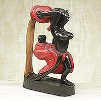 Wood sculpture, 'Woman with the Red Pot' - Wood sculpture