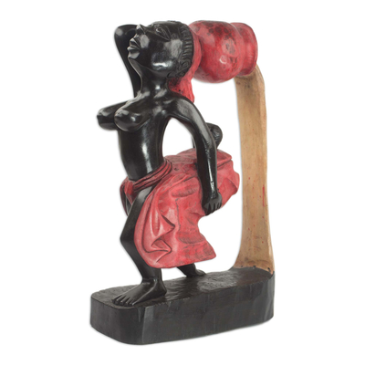 Wood sculpture, 'Woman with the Red Pot' - Wood sculpture