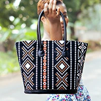 Leather-accented cotton shoulder bag, 'Ancient Diamonds' (small) - Diamond-Patterned Small-Sized Leather-Accented Shoulder Bag