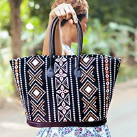 Leather-accented cotton shoulder bag, 'Ancient Diamonds' (medium) - Medium-Sized Diamond-Pattern Shoulder Bag in Black and Brown