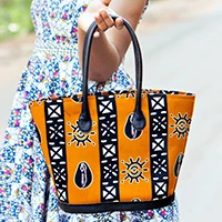 Leather-accented cotton shoulder bag, 'Shells of Africa' (small) - Orange and Black Small-Sized Leather Accented Shoulder Bag