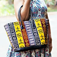 Leather-accented cotton shoulder bag, 'Adinkra Days' (small) - Adinkra-Themed Small-Sized Leather-Accented Shoulder Bag