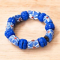 Recycled glass beaded stretch bracelet, 'Blue Wisdom' - Recycled Glass Beaded Stretch Bracelet in Blue Shades