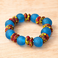 Recycled glass beaded stretch bracelet, 'Heritage Essence' - Stretch Bracelet with Hand-Painted Recycled Glass Beads
