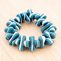 Recycled glass beaded stretch bracelet, 'Striped Glamour' - Teal White Striped Recycled Glass Beaded Stretch Bracelet