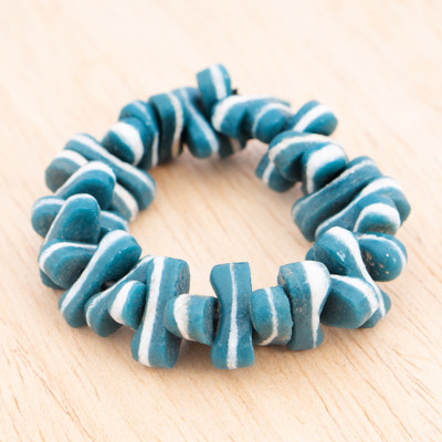 Recycled glass beaded stretch bracelet, 'Striped Glamour' - Teal White Striped Recycled Glass Beaded Stretch Bracelet