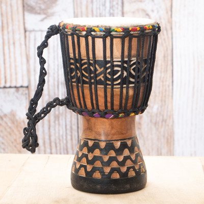 Wood djembe drum, 'Rhythmic Tides' - Tweneboa Wood and Leather Djembe Drum in Black and Brown