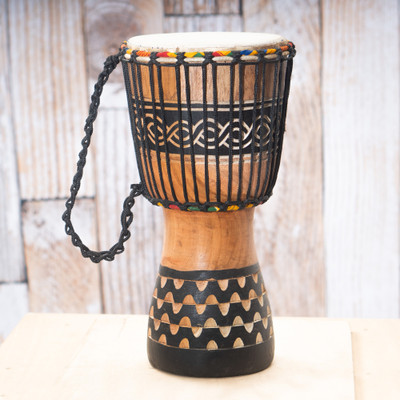 Wood djembe drum, 'Musical Tides' - Artisan-Made Black and Natural Brown Djembe Drum from Ghana