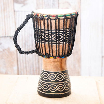 Wood djembe drum, 'Serpentine Music' - Wavy-Patterned Classic Tweneboa Wood and Leather Djembe Drum