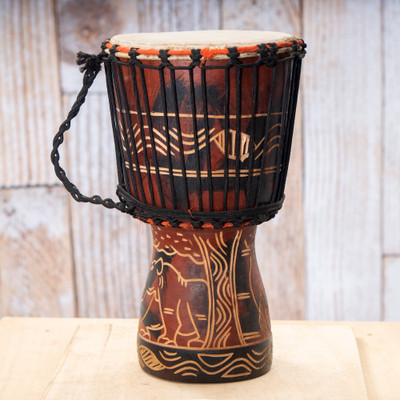 Wood djembe drum, 'The Musical Horn' - Handmade Rhino-Themed Earthy-Toned Djembe Drum from Ghana