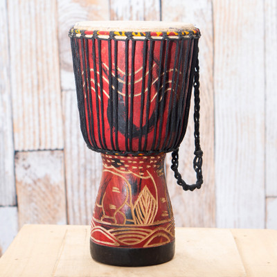 Wood djembe drum, 'Savanna Symphony' - Elephant-Themed Red Tweneboa Wood and Leather Djembe Drum