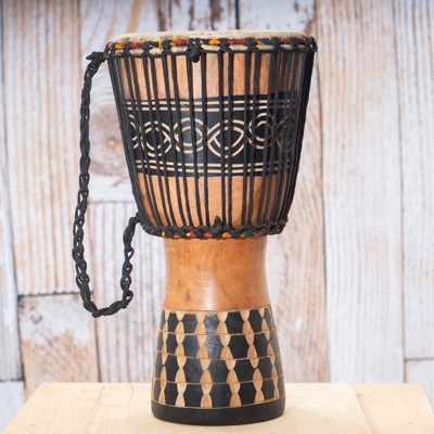 Wood djembe drum, 'Spots of Rhythm' - Classic Tweneboa Wood and Leather Djembe Drum from Ghana