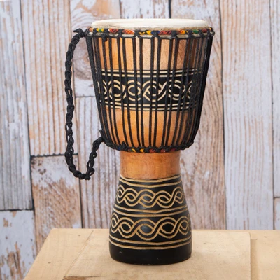 Wood djembe drum, 'African Beats' - Folk Art-Inspired Tweneboa Wood and Leather Djembe Drum