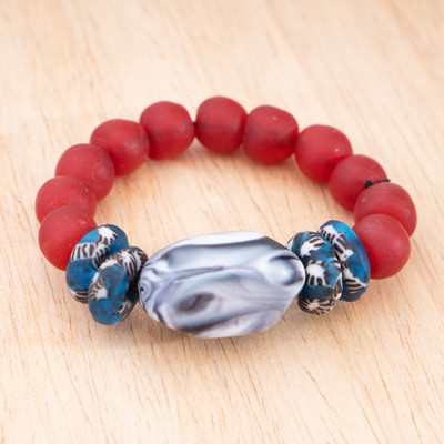 Recycled glass beaded stretch pendant bracelet, 'Shades of Love' - Ghanaian-Made Red and Blue Recycled Glass Beaded Bracelet