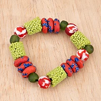 Recycled glass beaded stretch bracelet, 'My Green Soul' - Nature-Inspired Green and Red Recycled Glass Bead Bracelet