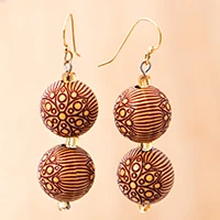 Wood beaded dangle earrings, 'Seeds of Luxury' - Spring-Themed Sese Wood Bead Dangle Earrings in Golden Hues
