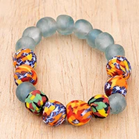 Recycled glass beaded stretch bracelet, 'Faith & Fire' - Ghanaian-Made Multicolor and Blue Beaded Stretch Bracelet