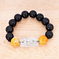 Recycled glass beaded stretch pendant bracelet, 'Midnight Luxe' - Recycled Glass Beaded Stretch Bracelet with Painted Pendant