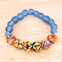 Recycled glass beaded stretch pendant bracelet, 'Watercolor Magic' - Hand-Painted Recycled Glass Beaded Stretch Pendant Bracelet