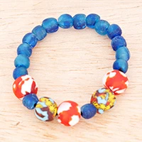 Recycled glass beaded stretch pendant bracelet, 'Watercolor Charm' - Recycled Glass Beaded Stretch Pendant Bracelet from Ghana