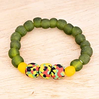 Recycled glass beaded stretch pendant bracelet, 'Watercolor Bright' - Recycled Glass Beaded Stretch Bracelet with Colorful Pendant