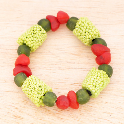 Recycled glass beaded stretch bracelet, 'Textured Harmony' - Textured Eco-Friendly Recycled Glass Beaded Stretch Bracelet