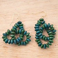 Wood beaded dangle earrings, 'Twisted Emeralds' - Green Hand-Painted Wood Beaded Earrings with Twisted Design