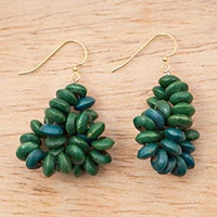 Wood beaded dangle earrings, 'Petite Twisted Emeralds' - Hand-Painted Green Wood Beaded Twisted Earrings from Ghana