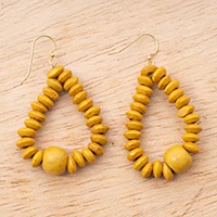 Wood beaded dangle earrings, 'Sunbeam Glamour' - Yellow Bohemian Hand-Carved and Painted Wood Beaded Earrings