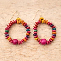 Wood beaded dangle earrings, 'Enchanted Colors' - Hand-Painted Vibrant Sese Wood Beaded Dangle Earrings