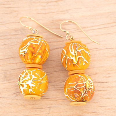 Glass beaded dangle earrings, 'Honey Worlds' - Honey Yellow and White Glass Beaded Hook Dangle Earrings